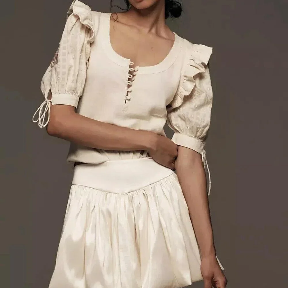 By Anthropologie Floral Embroidered Puff-Sleeve Blouse Top Ruffle XSP NWT 274108